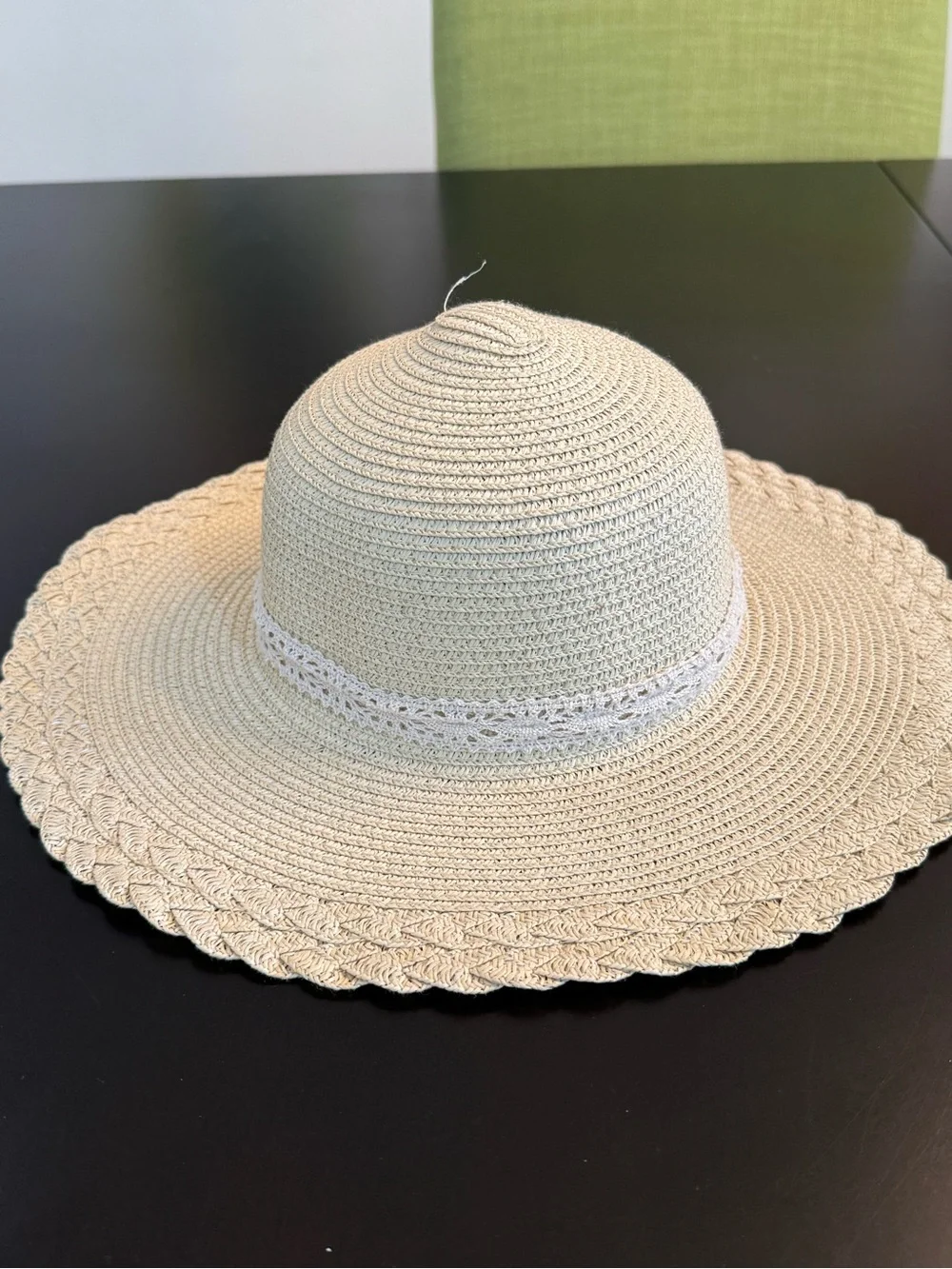 Beige Crochet Wide Brim Sun Hat with Lace Trim